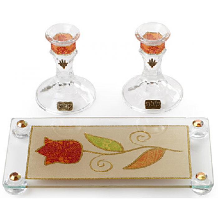 Crystal Shabbat Candlesticks with Single Flower Design and Tray