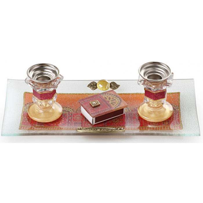 Shabbat Candlestick Set with Vibrant Orange and Red Motif and Matchbox
