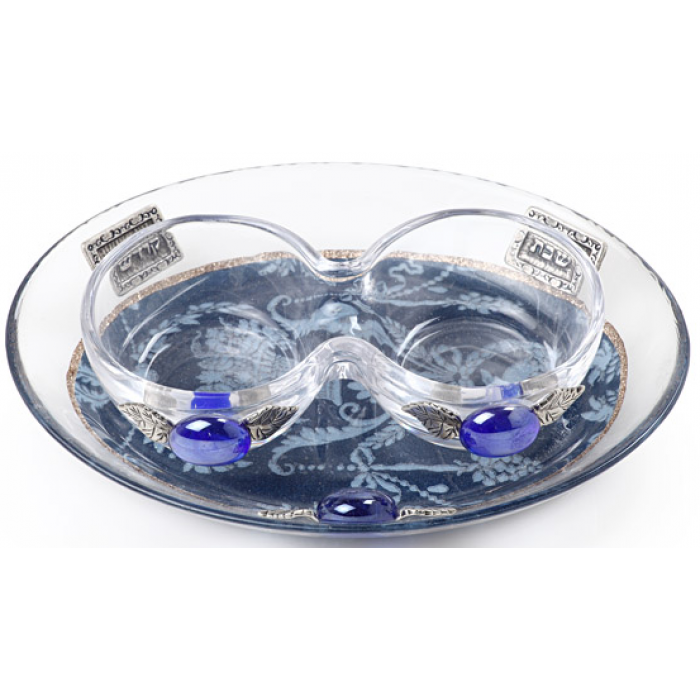 Small Shabbat Tea Lights Set with Blue Floral Decor and Tray