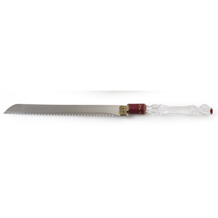 Challah Knife for Shabbat with Red Detail and Translucent Handle