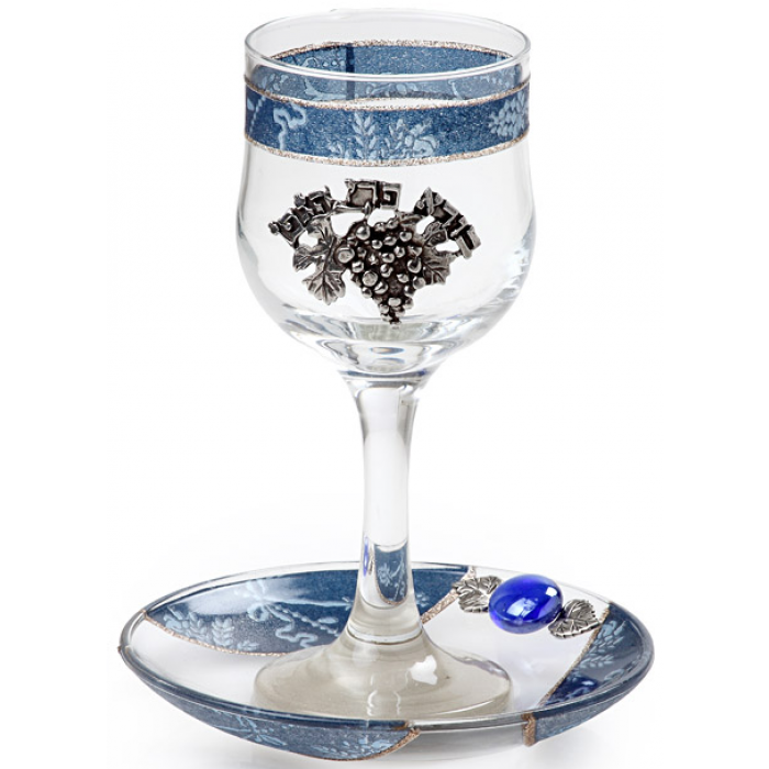 Glass Kiddush Cup with Blue Floral Motif and Saucer