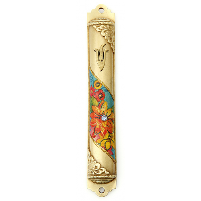 Brass Mezuzah with Bright Floral Design