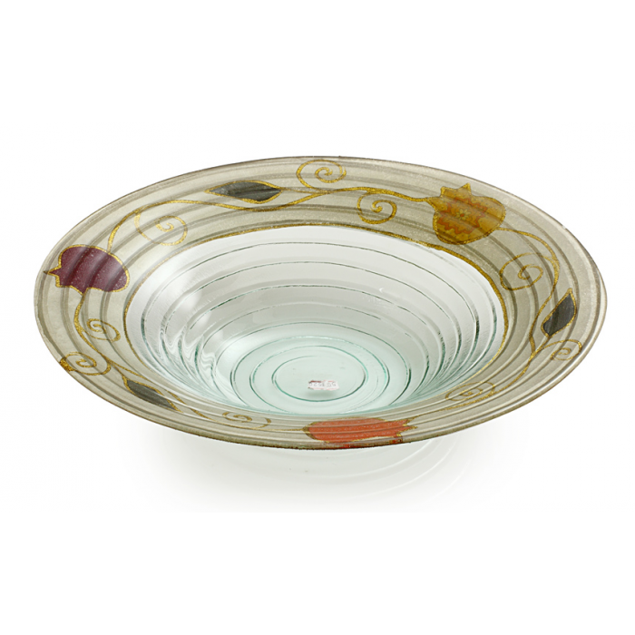 Glass Fruit Bowl with Ridged Design and Pomegranate Motif