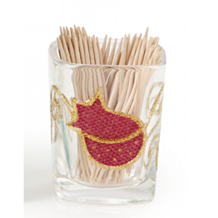 Glass Toothpick Holder with Red Pomegranate Design