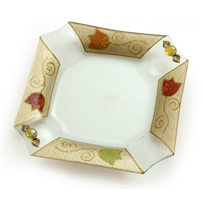 Glass Serving Tray with Square Shape and Bright Tulip Design