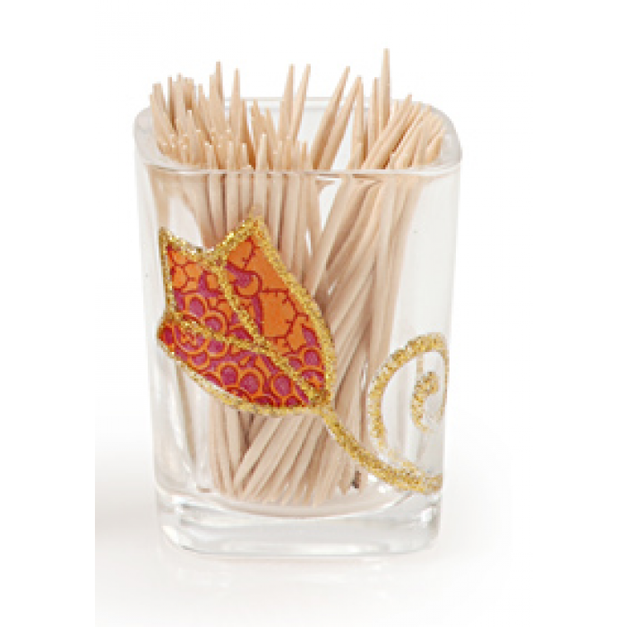 Glass Toothpick Holder with Orange Flower Design