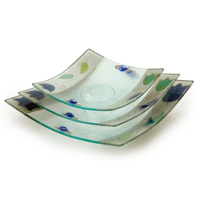 Curved Glass Serving Tray with Bright Blue Tulip Design