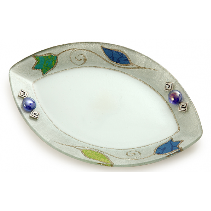 Oval Eye Shaped Serving Tray with Blue Flower Motif