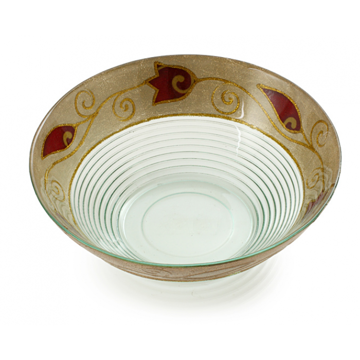 Glass Serving Bowl with Ridges and Dark Red Flower Motif