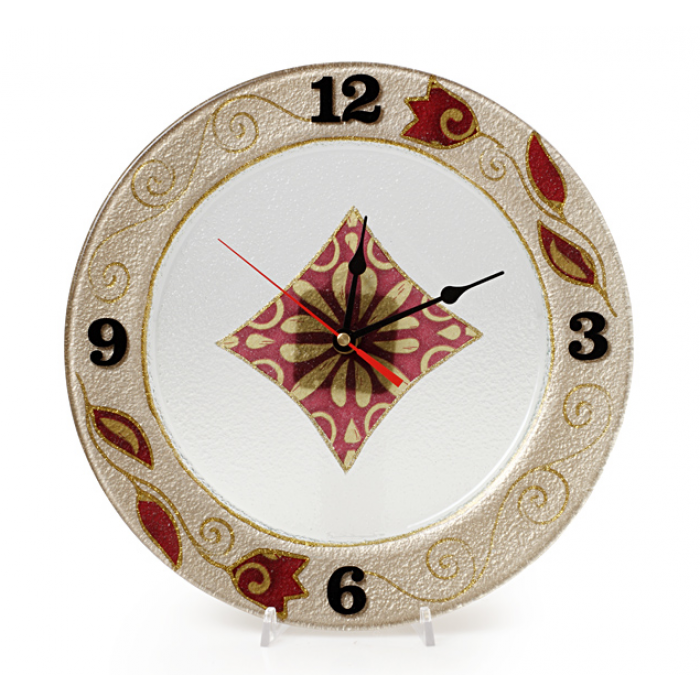 Round Glass Wall Clock with Red Tulip Motif