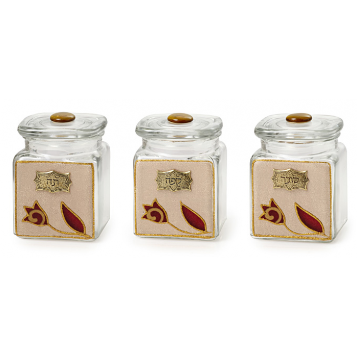 Glass Coffee Tea and Sugar Jars with Burgundy Tulip Motif