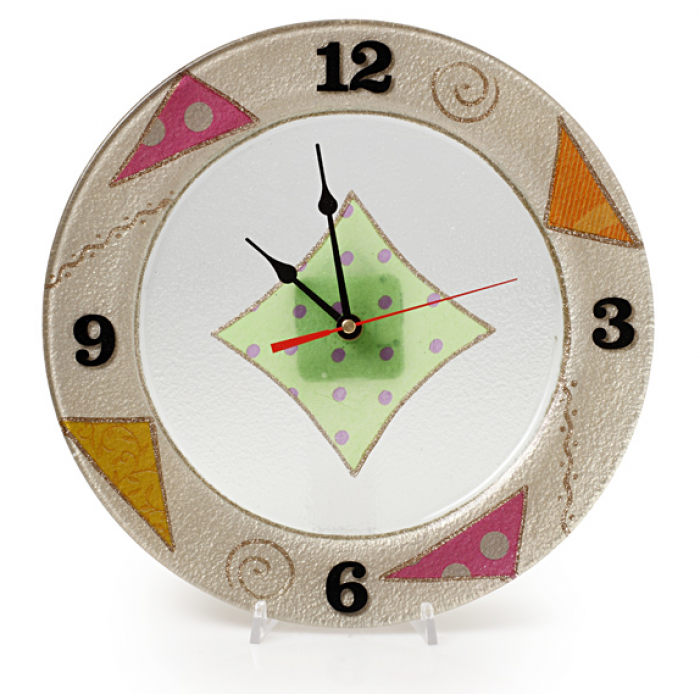 Round Glass Wall Clock with Multi Colored Flower Motif