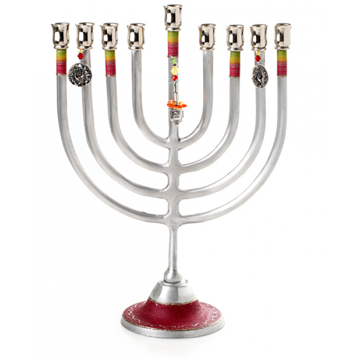 Aluminium Hanukkah Menorah with Red Rainbow Motif