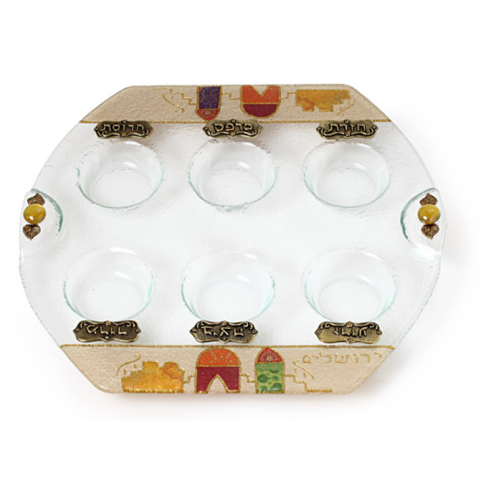 Glass Passover Seder Plate with Jerusalem Motif