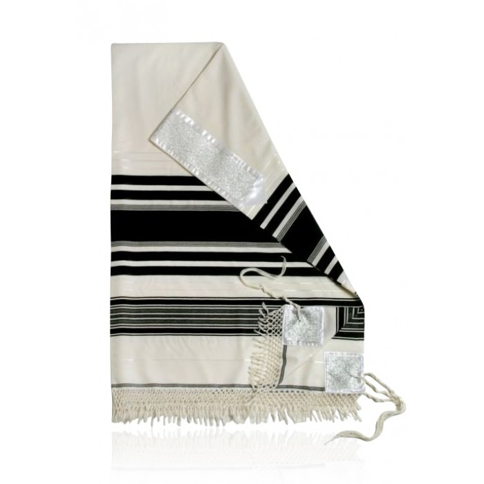 Wool Yemenite Moreshet Tallit with Black Stripes and White Atara