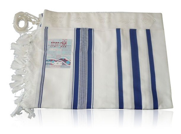 Akrilan Tallit with Blue Stripes, Crowns and Floral Pattern