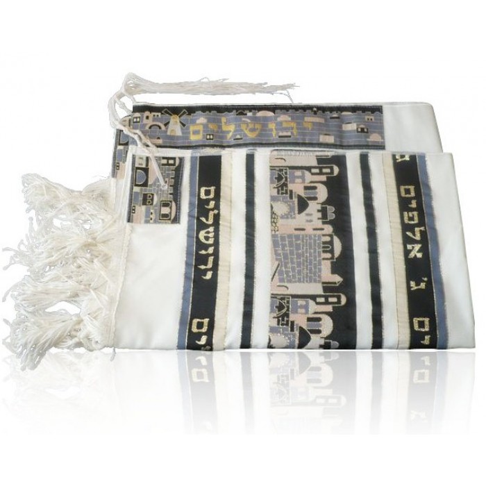 Jerusalem Tallit with Old City Scene and Black and Gold Stripes