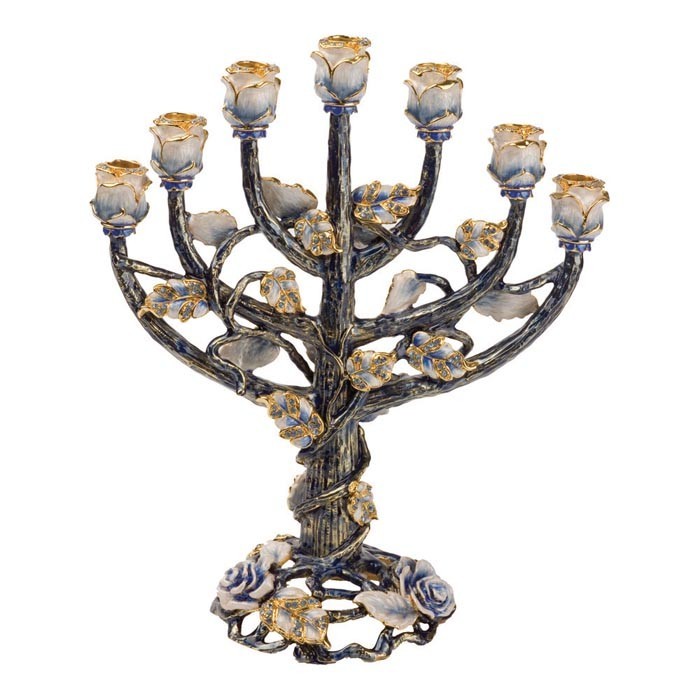 24k Gold Plated 7 Branch Menorah with Turquoise Flowers and Sapphire Crystals