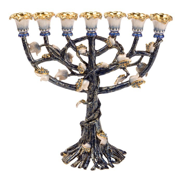 24k Gold Plated 7 Branch Blooming Menorah in Turquoise with Sapphire Crystals