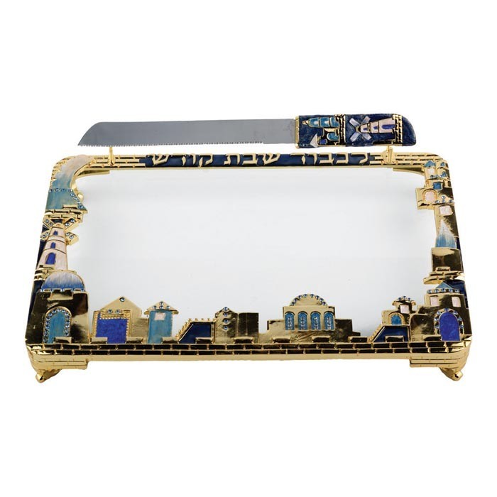 Challah Tray with Knife: Jerusalem Scene in Blue with Sapphire Crystals