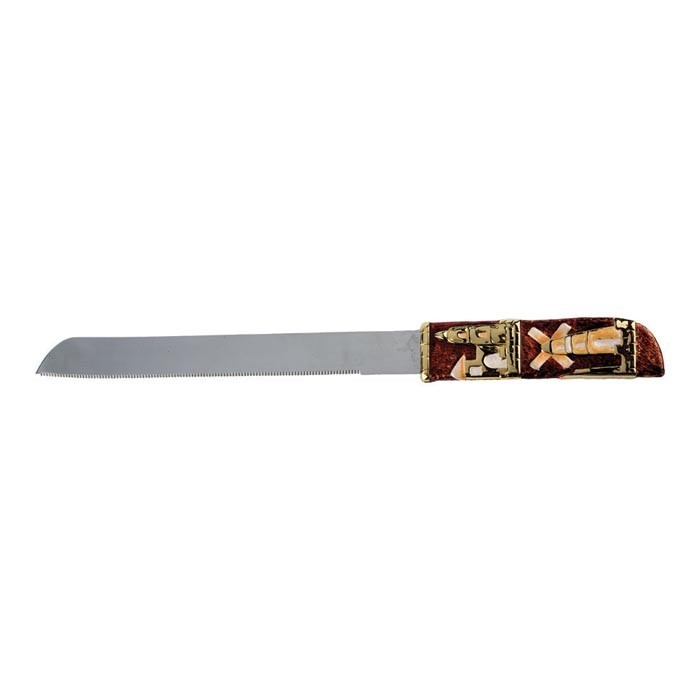 Challah Knife with Jerusalem Images in Brown and Gold with Crystal Accents 