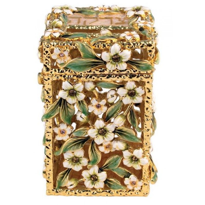Gold Plated Tzedakah Box with Bright Flowers and Brown Crystals