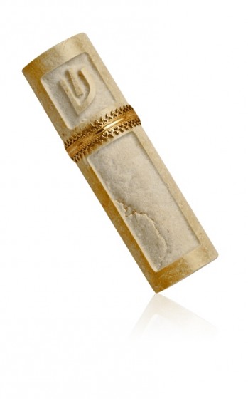 Jerusalem Stone Mezuzah with Antique Gold Band and Hebrew Letter Shin