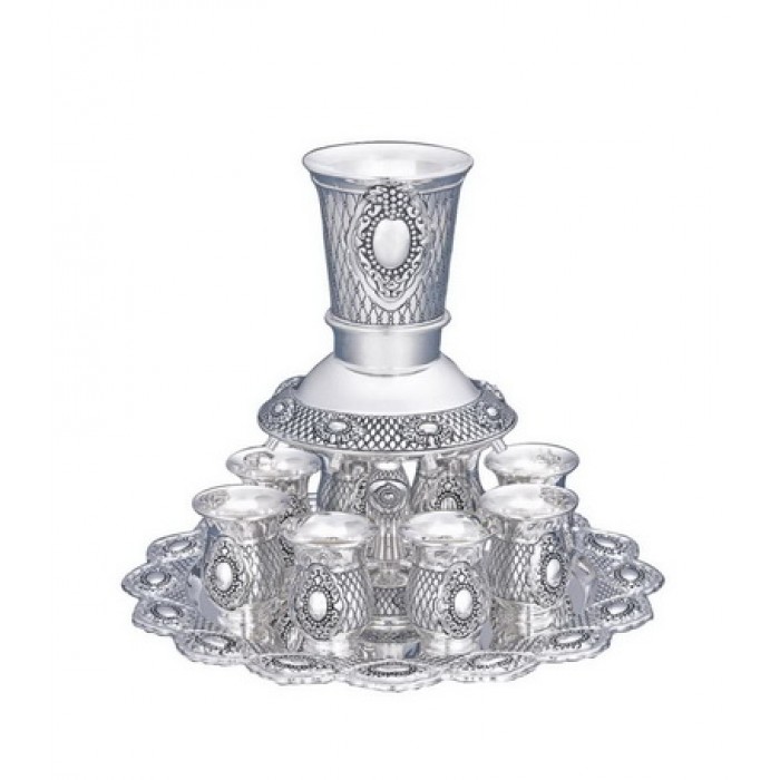 Silver Plated Kiddush Fountain with Diamond Shapes and Scrollwork