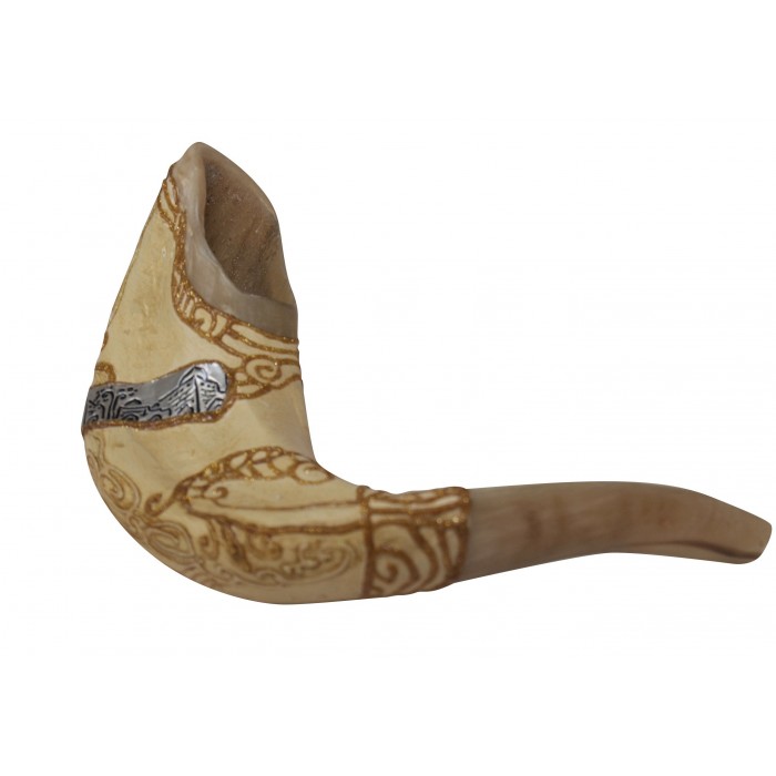 Ram Horn Shofar with Jerusalem Depiction and White and Gold Sleeve