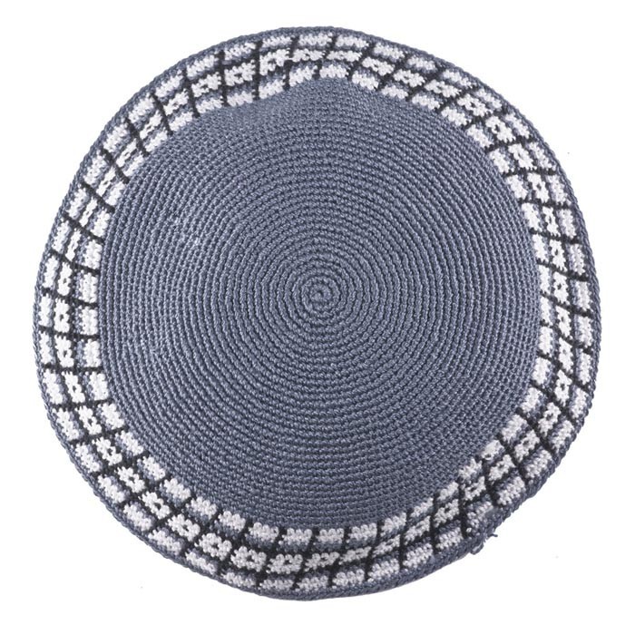 Hand Knitted Grey DMC Knitted Kippah with Black and White Stripes