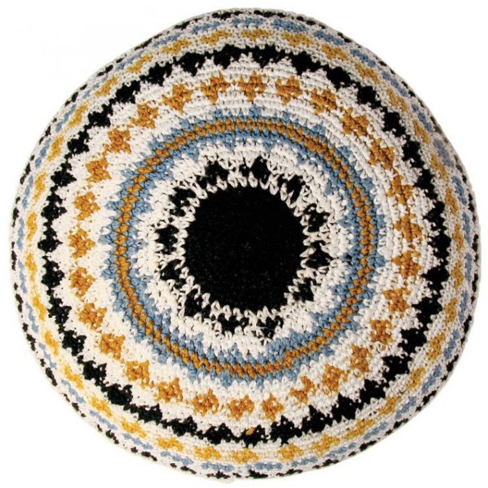 White Knitted Kippah with Turquoise Yellow, Black and Orange Stripes