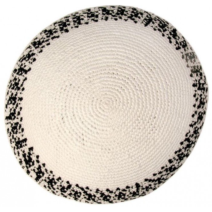 White Knitted Kippah with Black and White Stripe