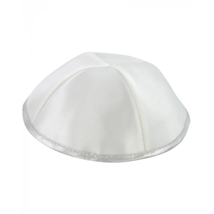 17cm White Satin Kippah with Four Sections and Silver Rim