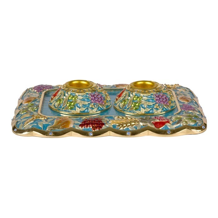 Shabbat Candlesticks and Tray - Gold-plated with Turquoise Enamel and Seven Species