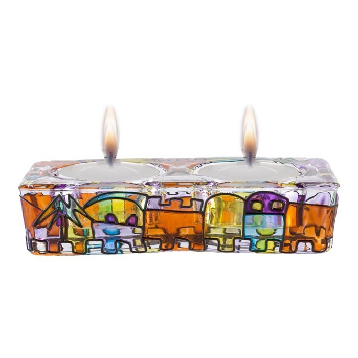 Rectangular Glass Shabbat Candle Holder for Two Candles with Bright Jerusalem Scene