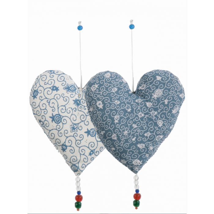 Small Blue and White Heart Shaped Pomegranate Decoration by Yair Emanuel - Double-Sided