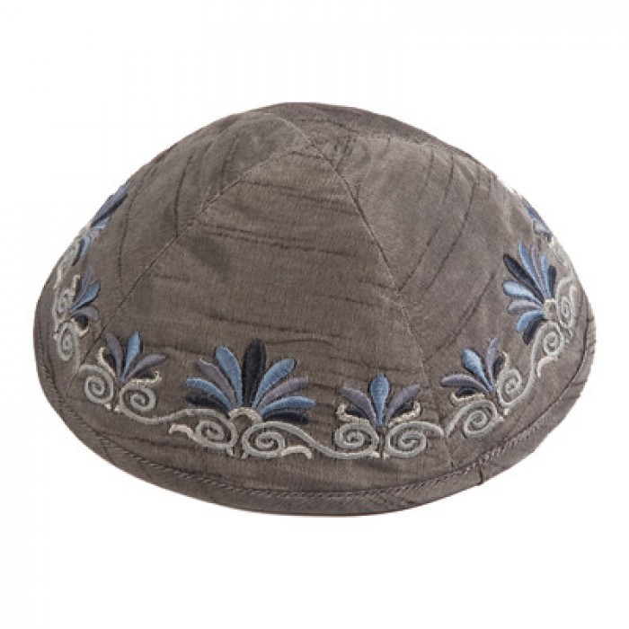 Kipah Yair Emanuel with Date Palm Embroidery in Gray and Blue