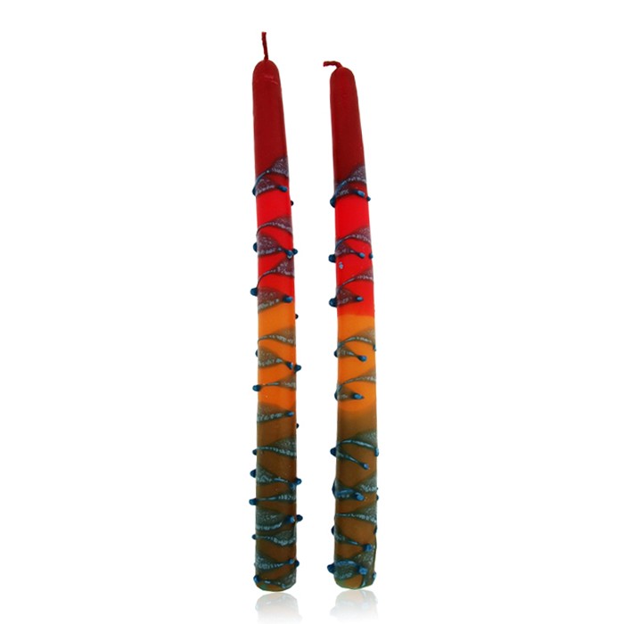 Safed Candles Pair of Shabbat Candles in Red, Orange and Green with Blue Lines
