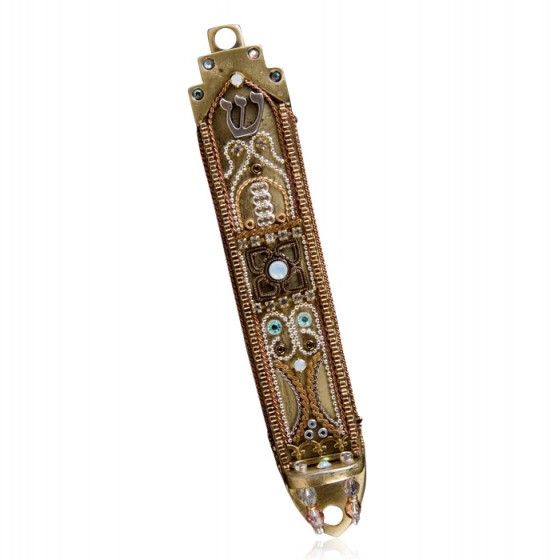 Ester Shahaf Pewter Mezuzah with Gold, Brown and Silver Ornaments