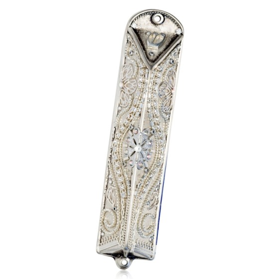 Ester Shahaf Pewter Mezuzah with Flowers, Lines and Traditional Shin