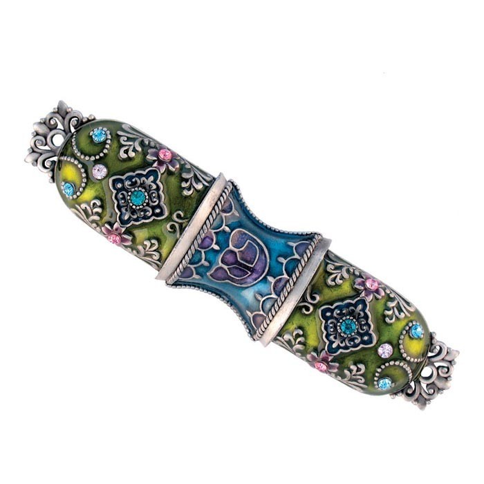 Opulent Green Mezuzah Case with Silver Decorations and Hebrew 'Shin' for 10cm Scroll