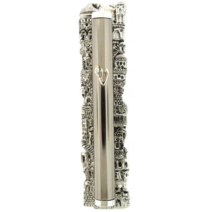 Metal Mezuzah Case with Silver Colored Jerusalem and Shin for 12cm Scroll