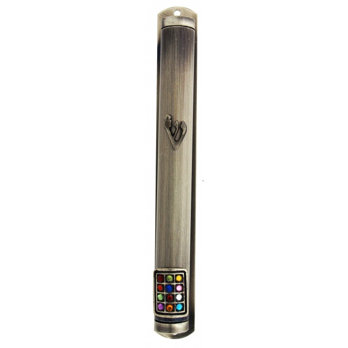 Pewter Mezuzah Case with Miniature Hoshen and Hebrew Letter Shin