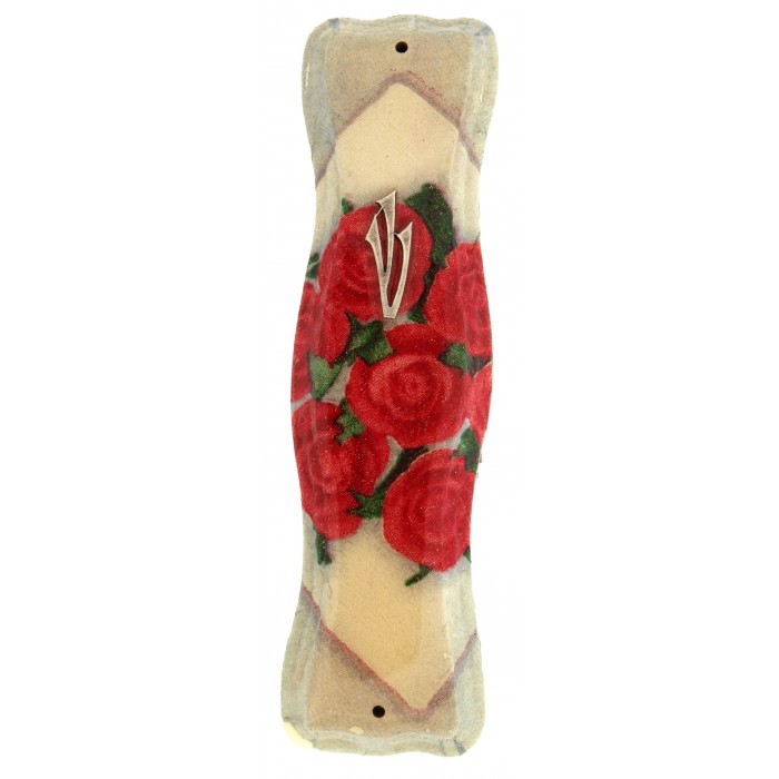 Wood Mezuzah Case with Roses for 12cm Scroll