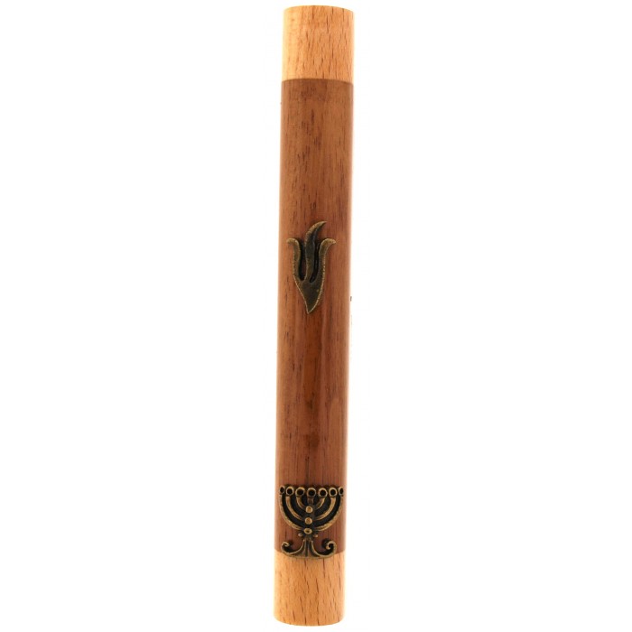 Two Tone Mezuzah with Bronze Hebrew Letter Shin and Seven Branch Menorah