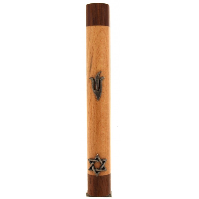 Wood Mezuzah Case with Hebrew Letter Shin and Star of David Ornaments
