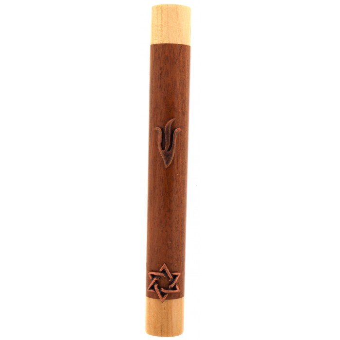 Wood Mezuzah Case with Two-Tone Pattern and Copper Star of David