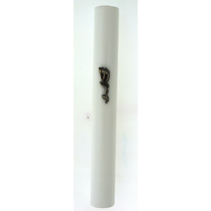 White Wood Mezuzah Case with Shin, Daled and Yud in Pewter