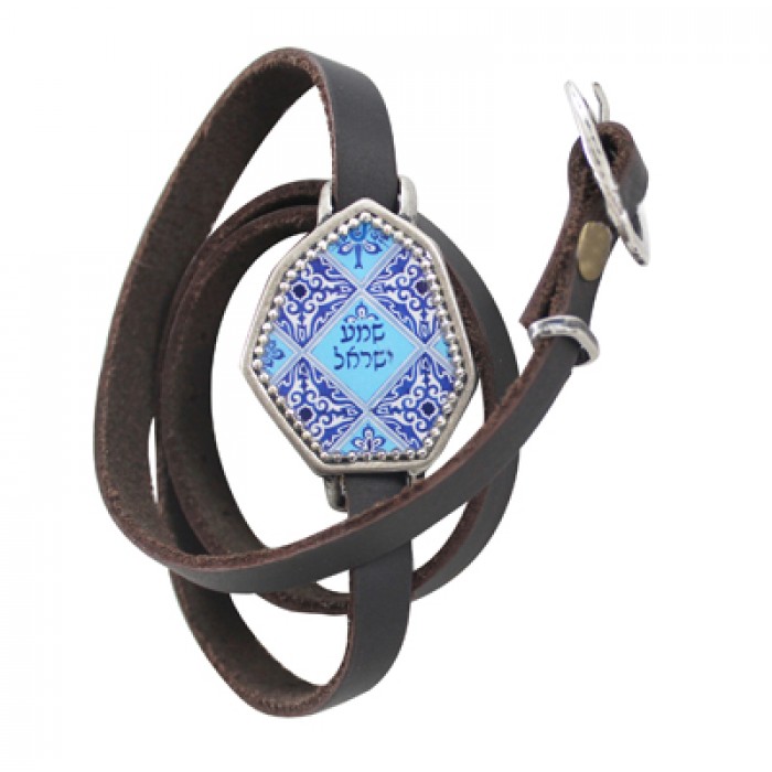 Leather Polygon Bracelet with Blue Ornament, Hebrew Text and Scrolling Lines