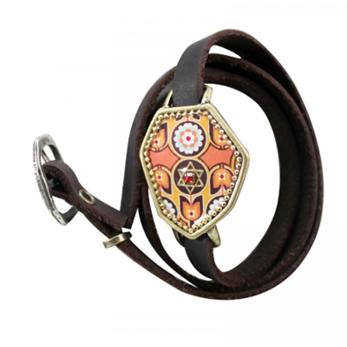 Leather Bracelet with Pink Polygon Charm, Floral Pattern and Star of David